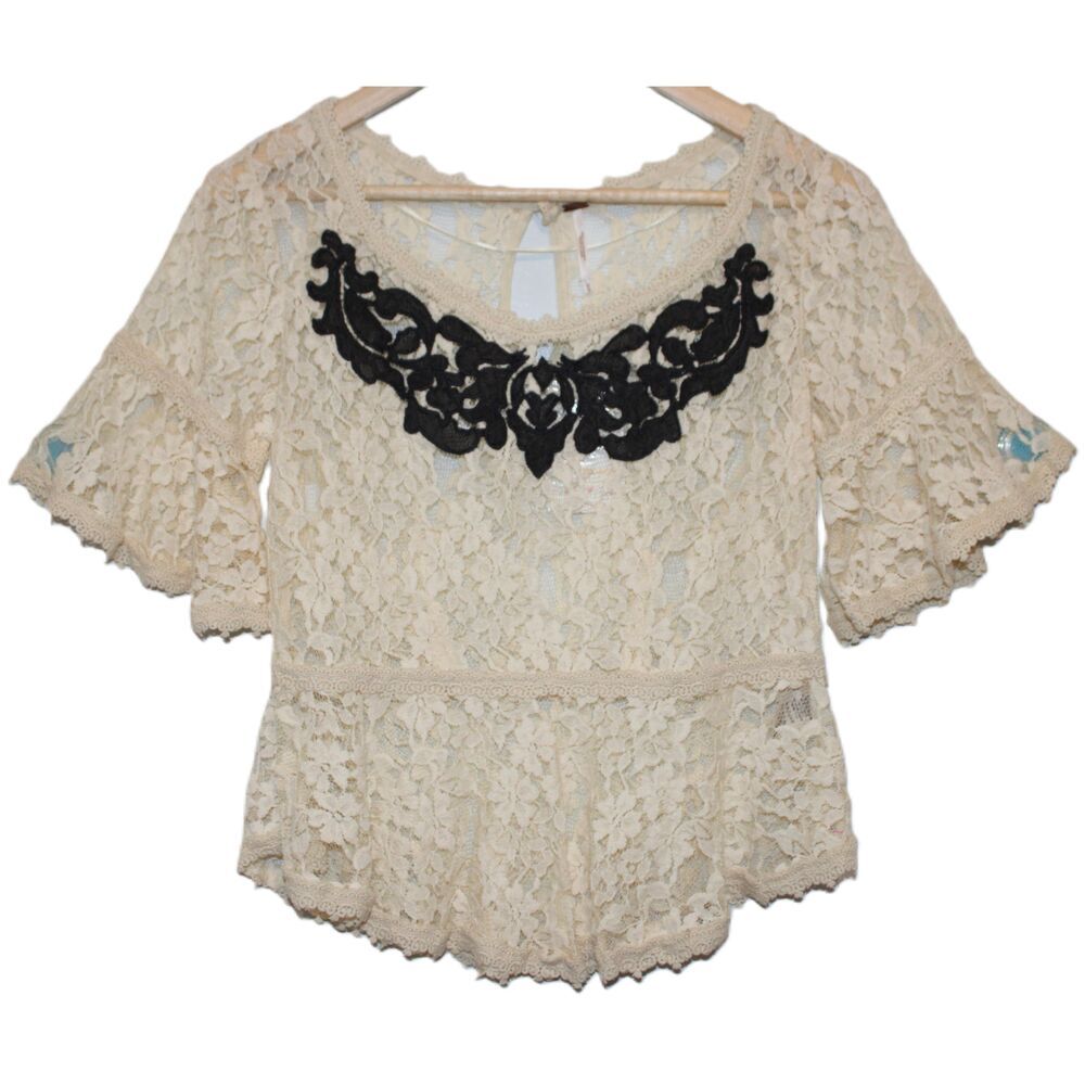 Womens Free People F458T141 Ivory Black Lace Embroidered Blouse Top Size XS NWT